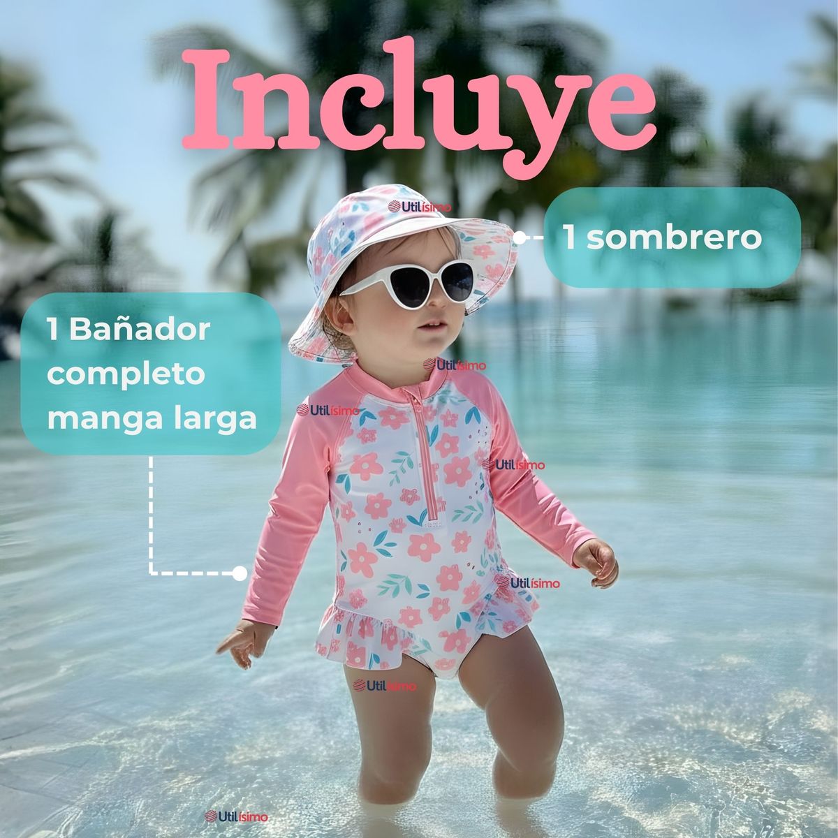 JUMP KIDS - Traje de Baño Enterito Manga Larga Con Gorro 2 Piezas Niña de 9 a 36 Meses Rosa