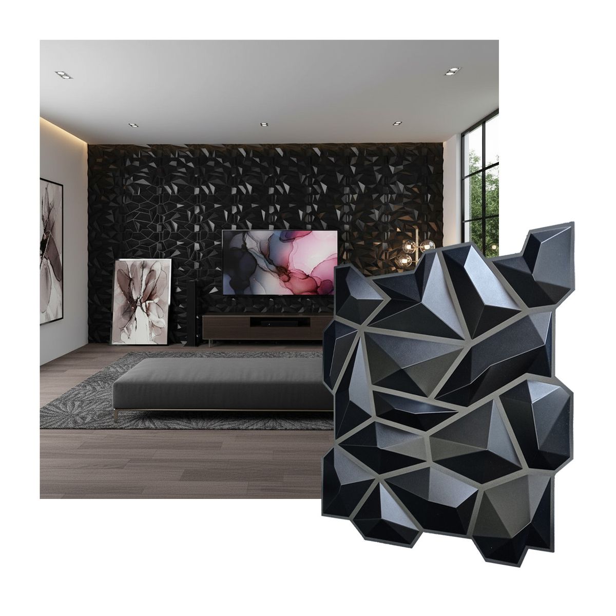 MERCAR RAY - Wall Panel Decorativo 3D Cristal Negro 3.5m² 16 paneles 50 x 50 cm