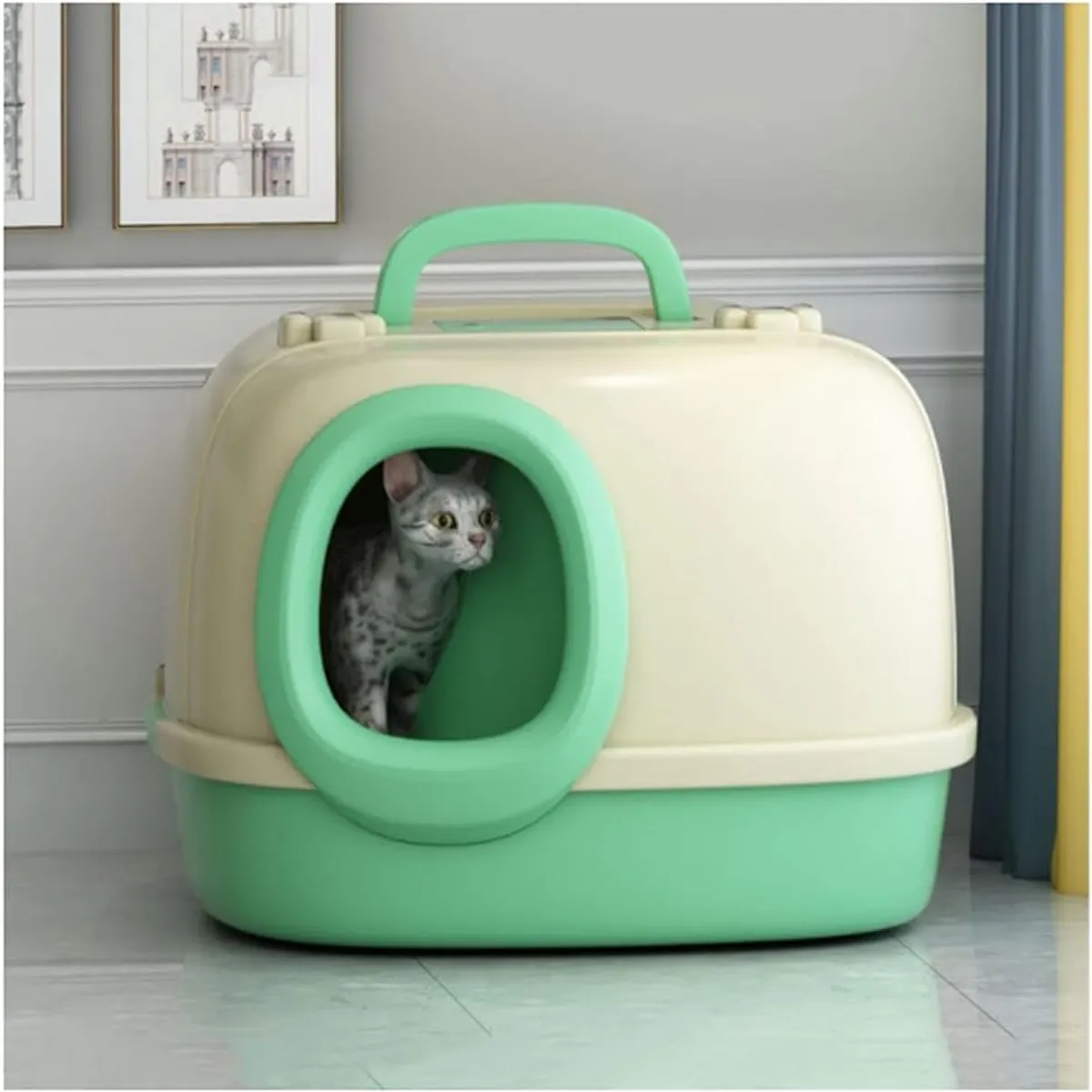HOOPET - Arenero Para Gatos Con Pasillo Antiderrames Grande Verde Claro