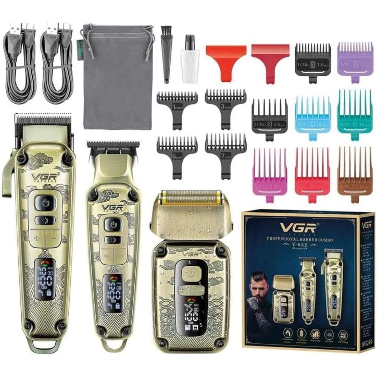 VGR VOYAGER - Set Barbería CortaPelo Trimmer Afeitadora 3 En 1 VGR642 Dorado