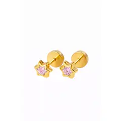 JIREH JOYAS - Aros Abridores Estrella 6 Puntas 5mm Oro 18K Circón Rosado A Presión Bebé Niña Segundo Hoyo