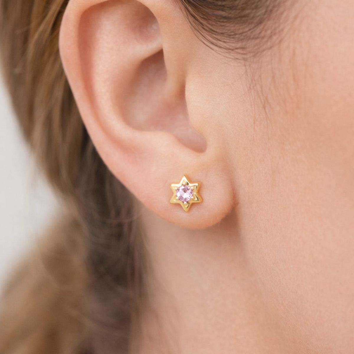 JIREH JOYAS - Aros Abridores Estrella 6 Puntas 5mm Oro 18K Circón Rosado A Presión Bebé Niña Segundo Hoyo