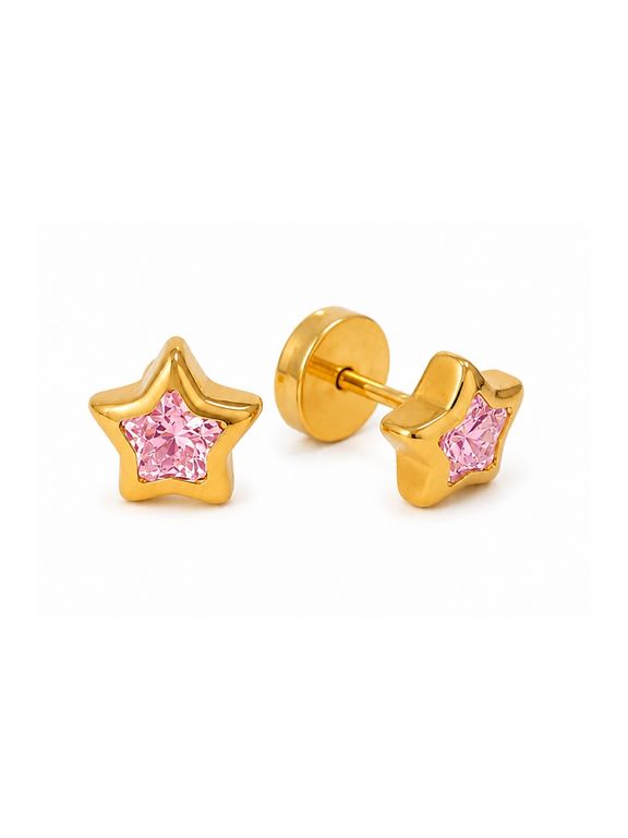 Aros Abridores Estrella 5 Puntas 7mm Oro 18K Circon Rosado A Presion Nina juvenil mujer