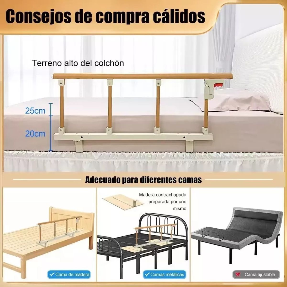 MUNDO MAGIA - Baranda De Cama Lateral Anticaída Para Cuidado Adulto Mayor