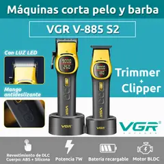 VGR - Barber Combo Maquina Cortar Pelo Clipper + Trimmer V-885 S2 MALETA