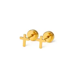 JIREH JOYAS - Aros Abridores Cruz 7mm Oro 18K A Presión Bebé Niña Segundo Hoyo