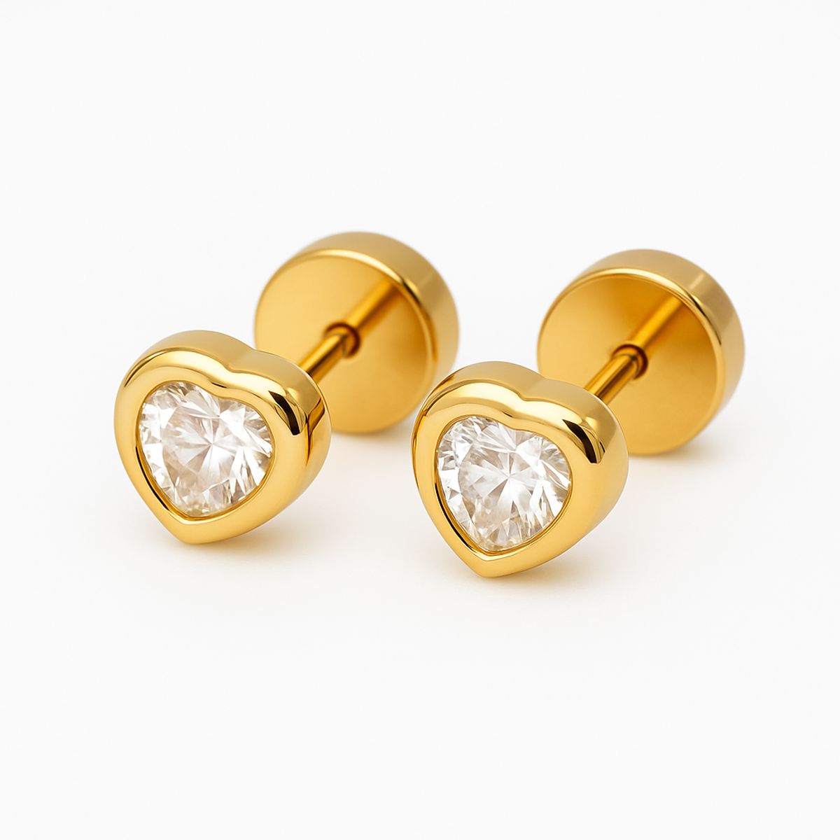 JIREH JOYAS - Aros Abridores Corazón 5 mm Oro 18K con Circón Blanco y Tope a Presión No1