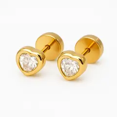 JIREH JOYAS - Aros Abridores Corazón 5 mm Oro 18K con Circón Blanco y Tope a Presión No1
