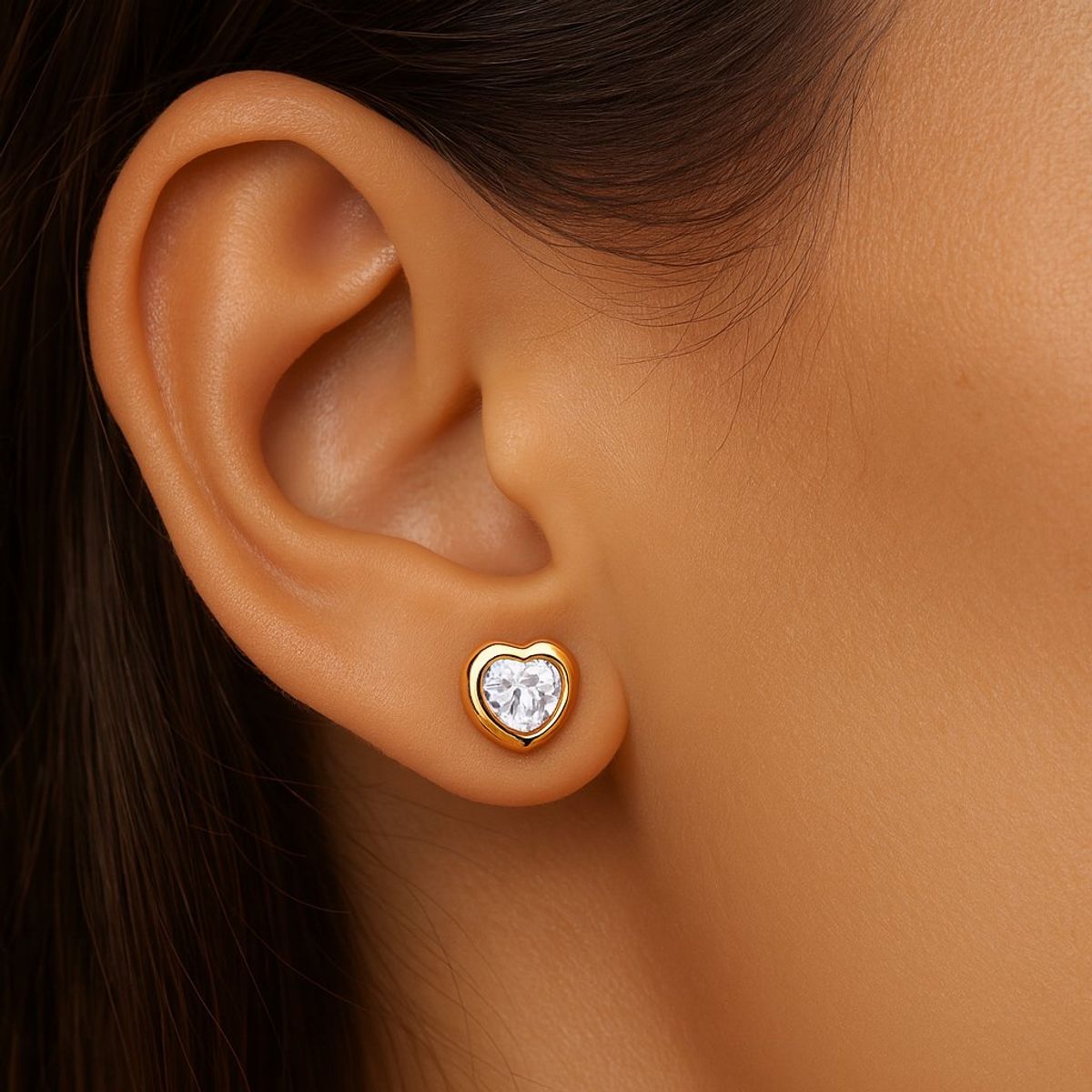 JIREH JOYAS - Aros Abridores Corazón 5 mm Oro 18K con Circón Blanco y Tope a Presión No1