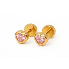 JIREH JOYAS - Aros Abridores Corazón 5mm Nº2 Oro 18K Circón Rosado A Presión Bebé Niña Segundo Hoyo