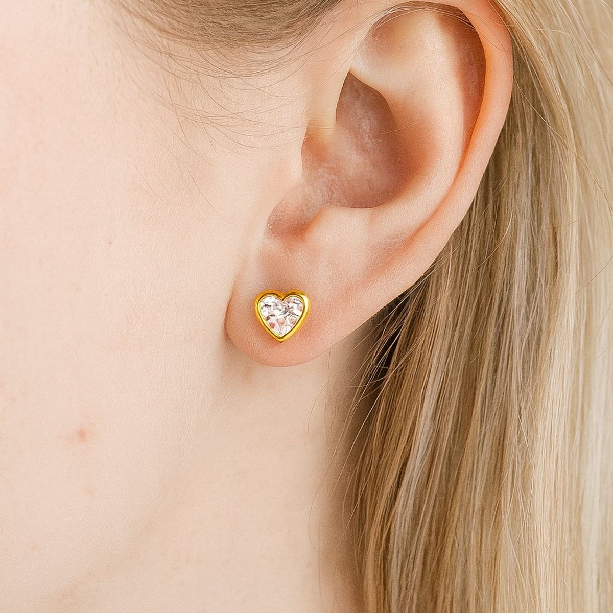 JIREH JOYAS - Aros Abridores Corazón 6mm Nº3 Oro 18K Circón Blanco A Presión Bebé Niña Segundo Hoyo