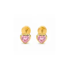 JIREH JOYAS - Aros Abridores Corazón 6mm Nº4 Oro 18K Circón Rosado A Presión Bebé Niña Segundo Hoyo