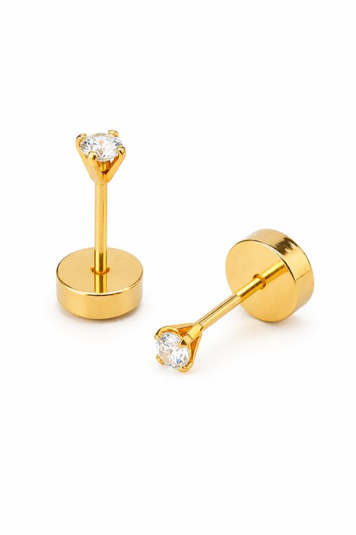 Aros Abridores Chispas 2mm No1 Oro 18K Circon Blanco A Presion Bebe Nina Segundo Hoyo