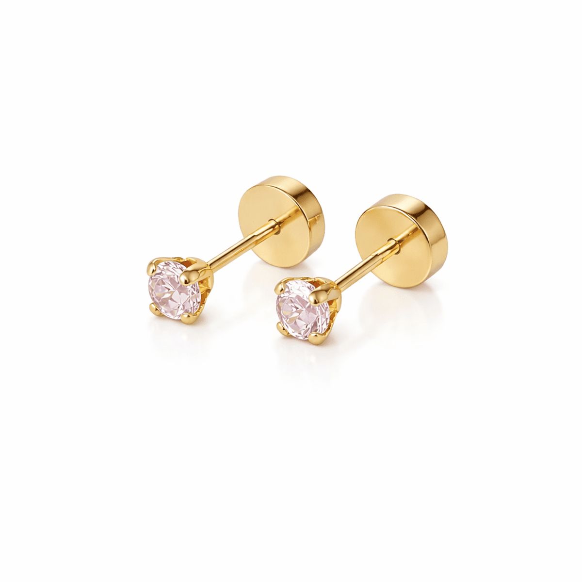 JIREH JOYAS - Aros Abridores Chispas 3mm Nº4 Oro 18K Circón Rosado A Presión Bebé Niña Segundo Hoyo