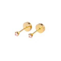 JIREH JOYAS - Aros Abridores Chispas 3mm Nº4 Oro 18K Circón Rosado A Presión Bebé Niña Segundo Hoyo