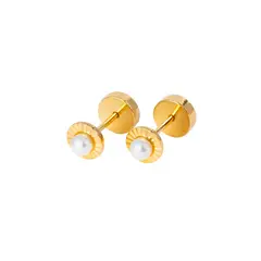 GENERICO - Aros Abridores Redondela con perla 5 mm Oro 18K con Tope a Presión