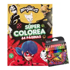 VERTICE - Libro para colorear - Súper Colorea 64 páginas - Miraculous + 12 lápices de colores