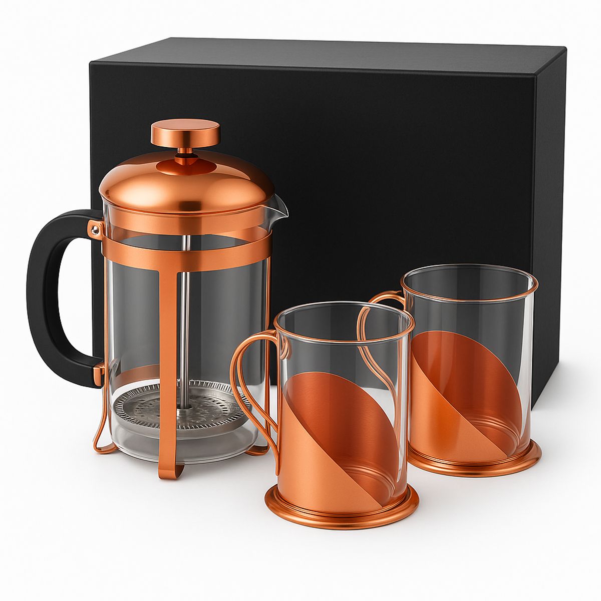 MONNO - juego de  cafetera francesa + tazas encobrizas en caja de lujo