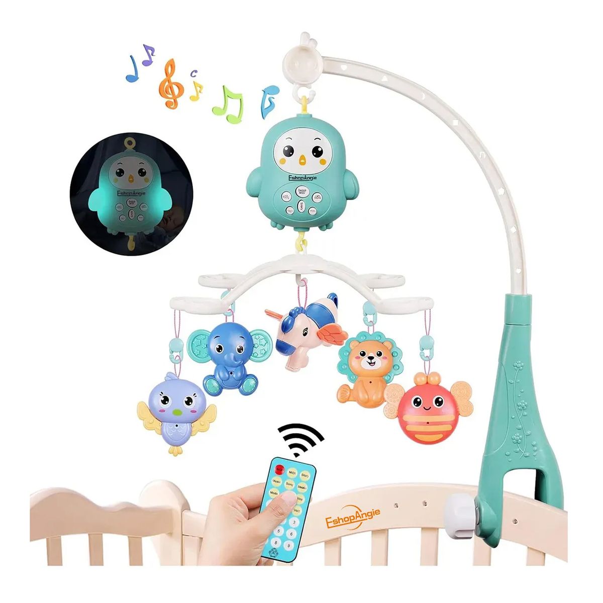 ESHOPANGIE - Móvil Giratorio Musical Con Luces Para Cuna + Control Celeste Animal