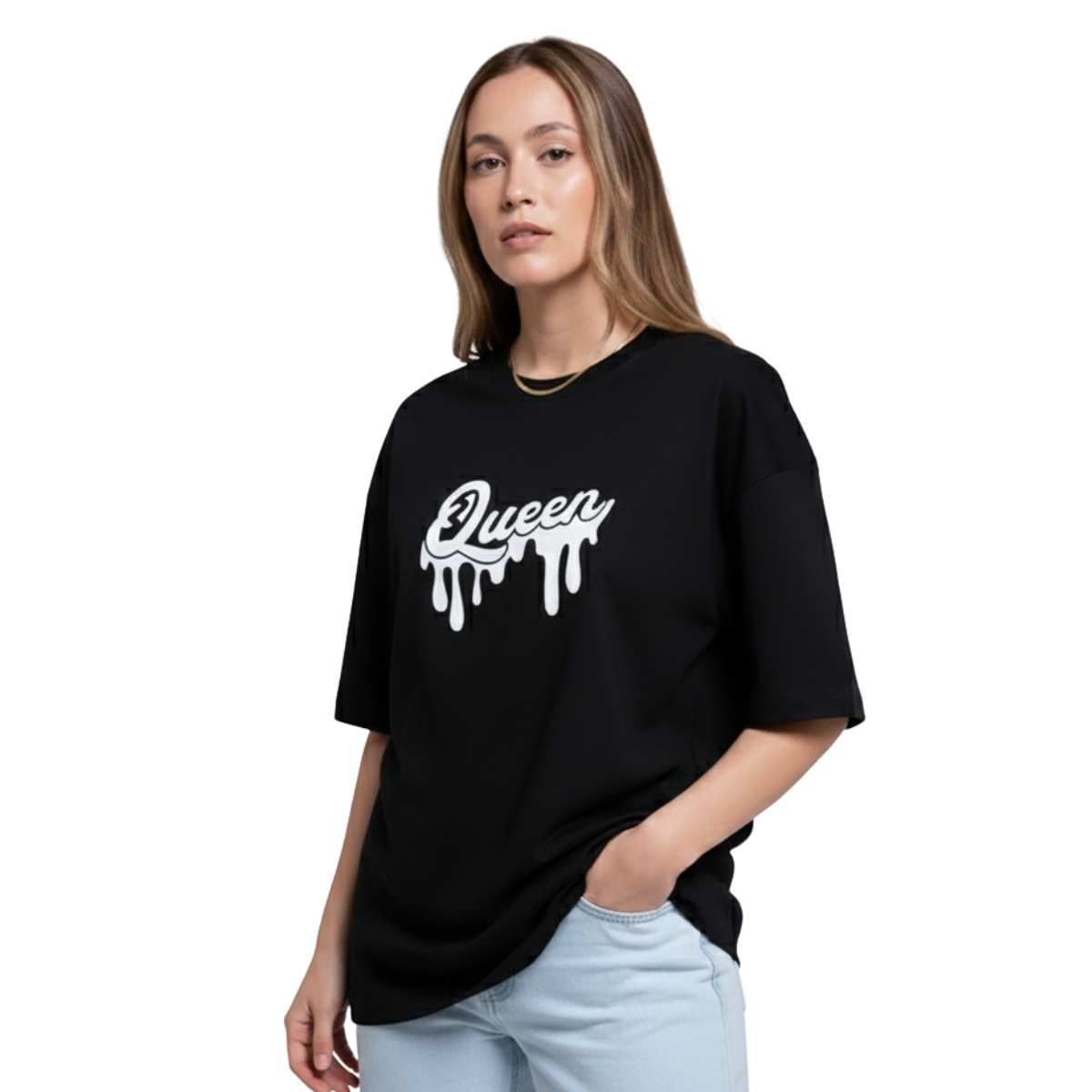 TRIPLE PLAY - Polera Oversize Dama 100% Algodón Letras Queen
