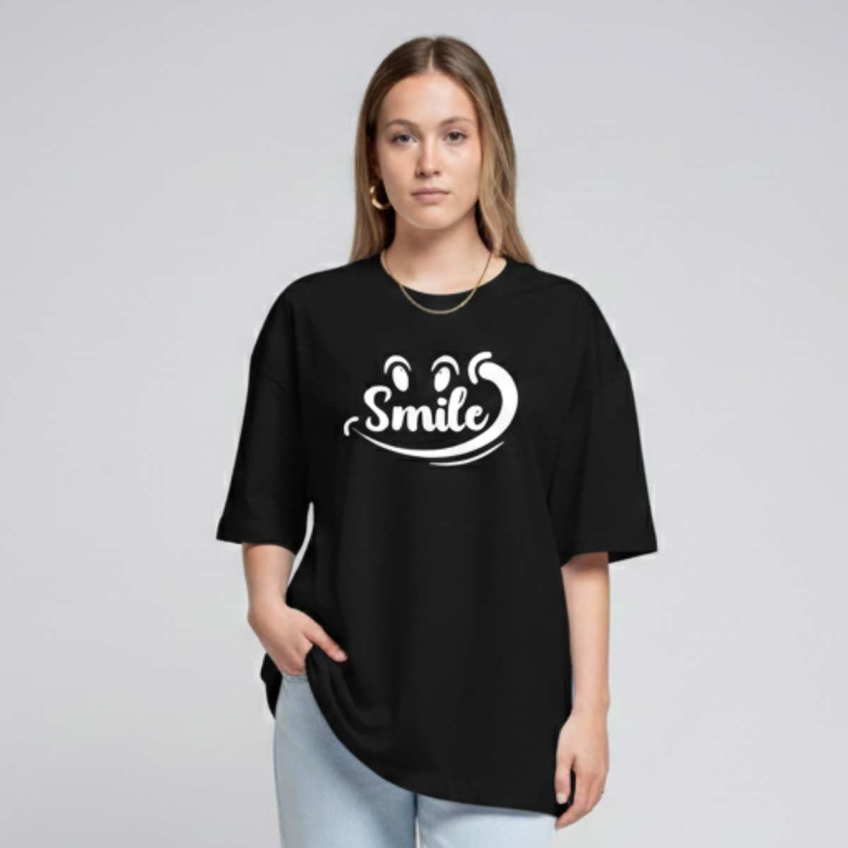 TRIPLE PLAY - Polera Oversize Dama 100% Algodón Letras Smile