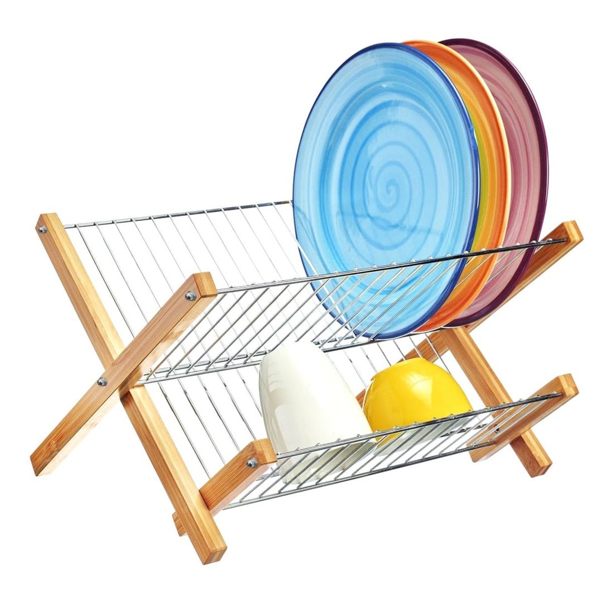GENERICO - ESCURRIDOR SECAPLATO 2 NIVELES PLEGABLE PARA UTENSILIOS COCINA METAL BAMBÚ