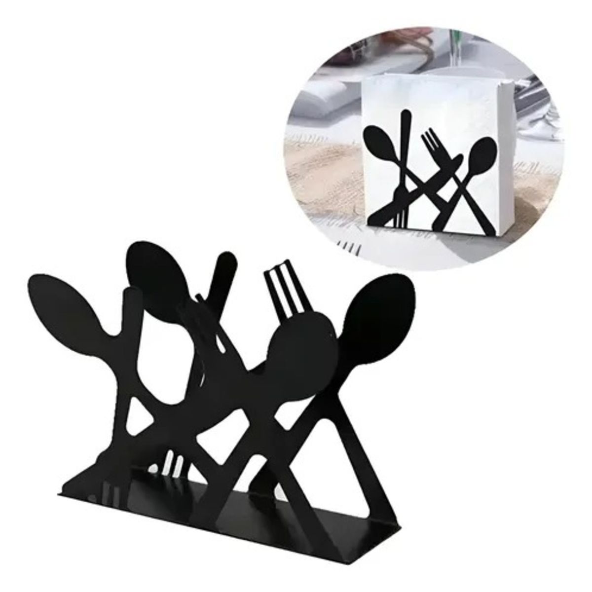 GENERICO - PORTA SERVILLETAS METAL DISEÑO CUBIERTOS SERVILLETERO NEGRO