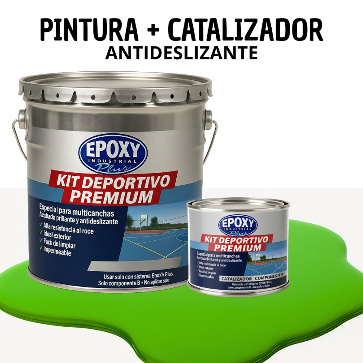 EPOXY - PINTURA PISOS  CANCHAS - KIT PREMUM P2 2K- KIT TINETA  VERDE CLARO BRILLANTE