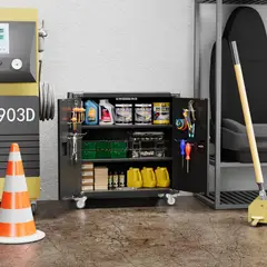 GENERICO - Gabinete Metálico de Herramientas 2 puertas con ruedas - Black Premium TC-12