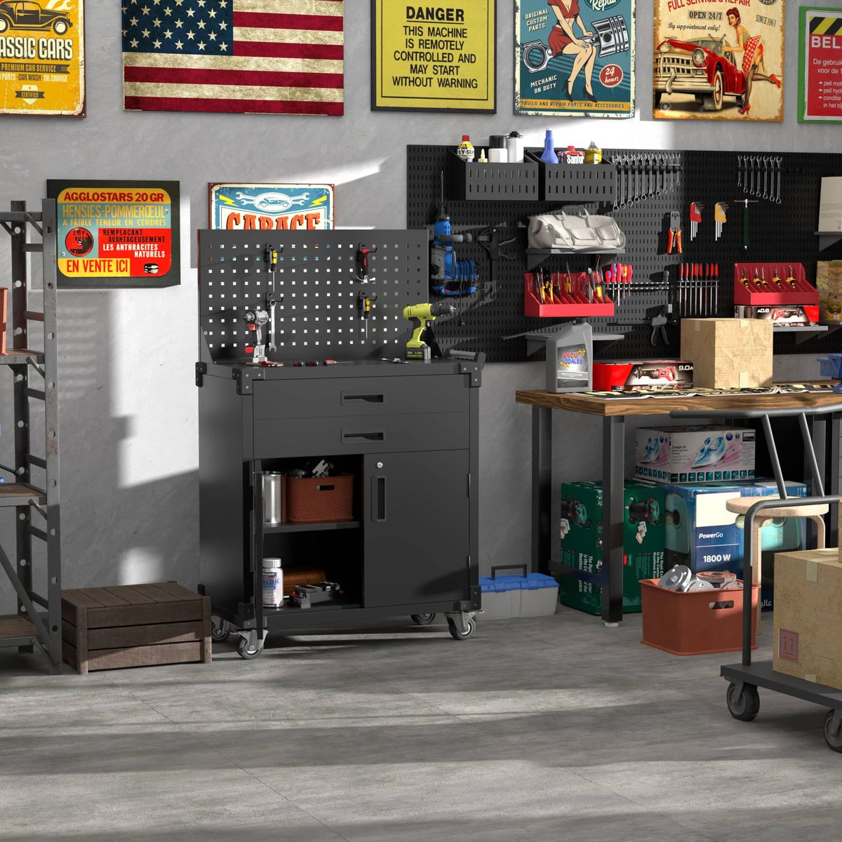 GENERICO - Carro de herramientas con 2 cajones y tablero de herramientas - Black Premium TC-14