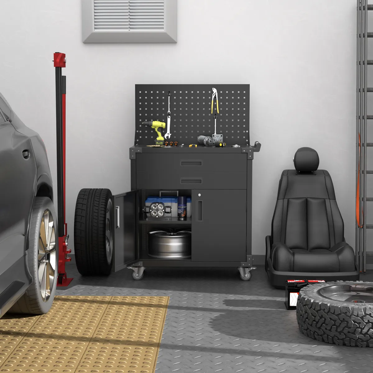 GENERICO - Carro de herramientas con 2 cajones y tablero de herramientas - Black Premium TC-14