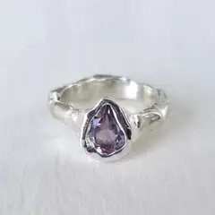 GENERICO - Anillo Plata 950 Amatista Gota Delicado Rústico Hecho a Mano