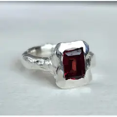 GENERICO - Anillo Plata 950 Granate Rectangular Rústico Elegante Hecho a Mano