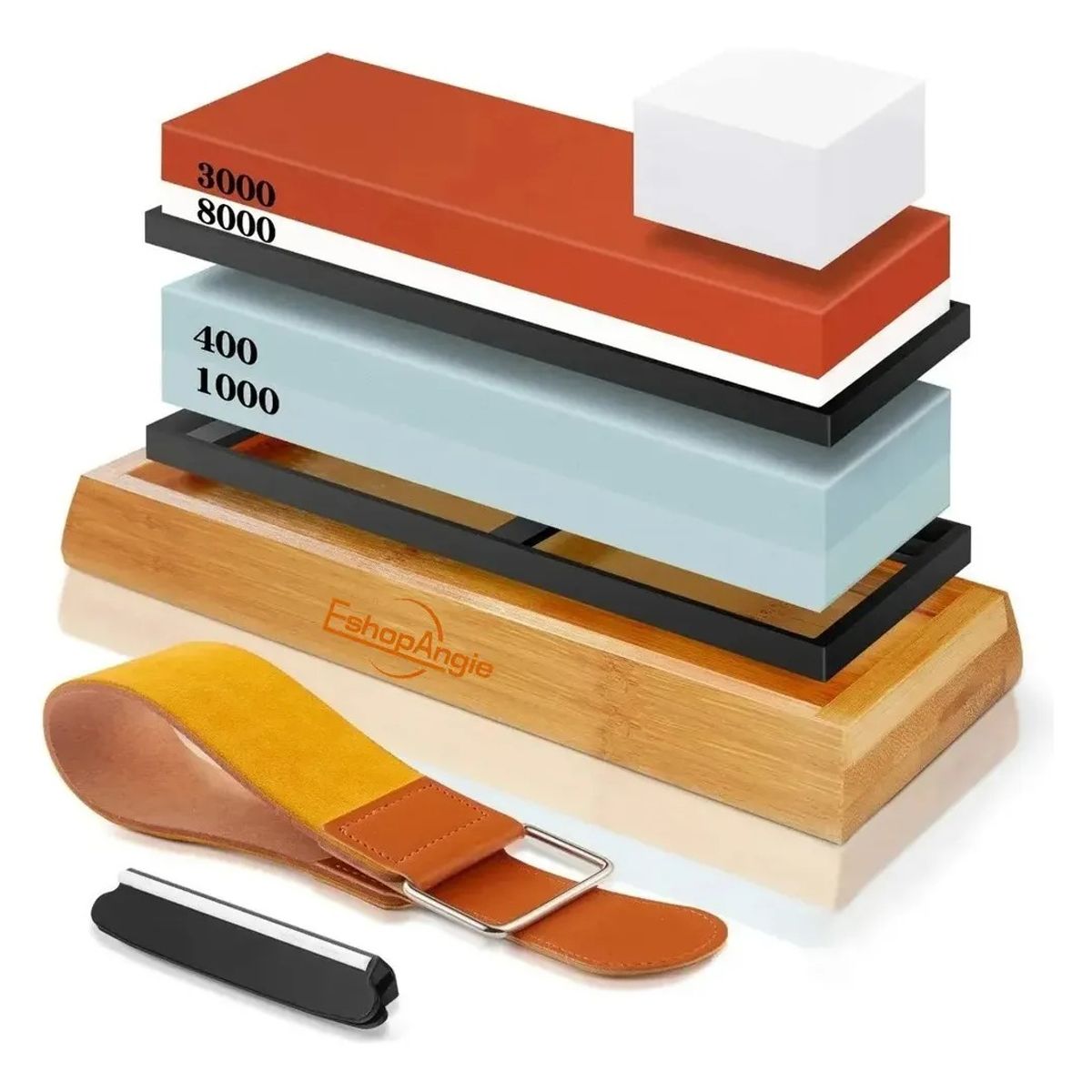 GENERICO - Set Piedras De Afilar 4001000 30008000 + Base Bambú + Guía