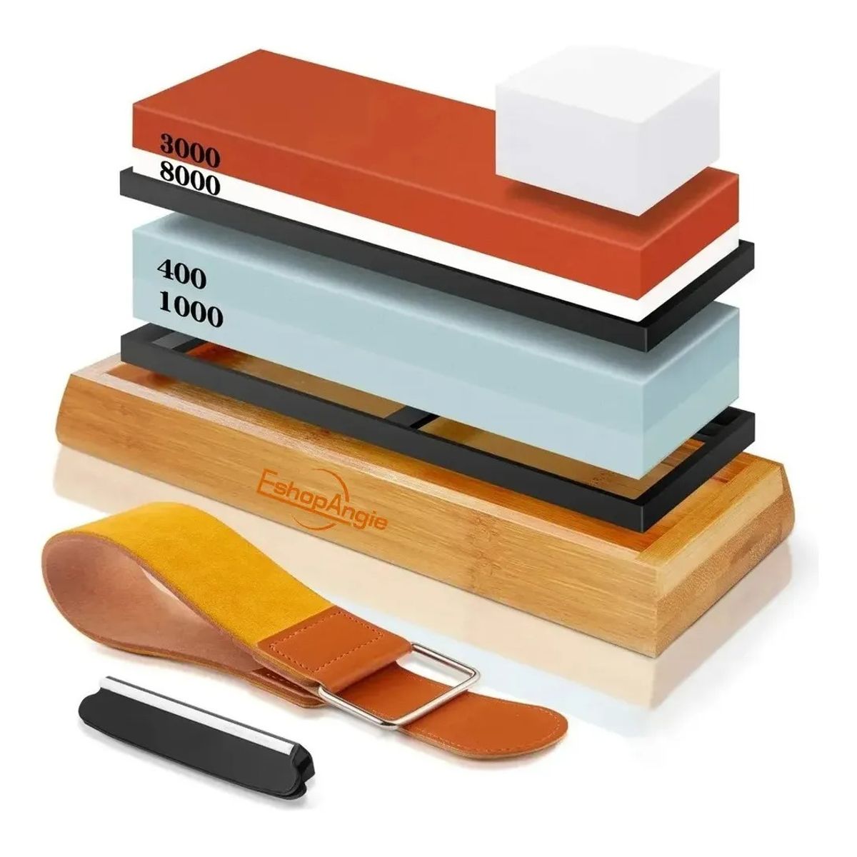 GENERICO - Set Piedras De Afilar 4001000 30008000 + Base Bambú + Guía