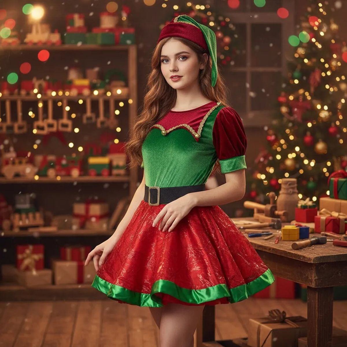 GENERICO - DISFRAZ DE DUENDE MUJER NAVIDEÑO ADULTO TALLA M