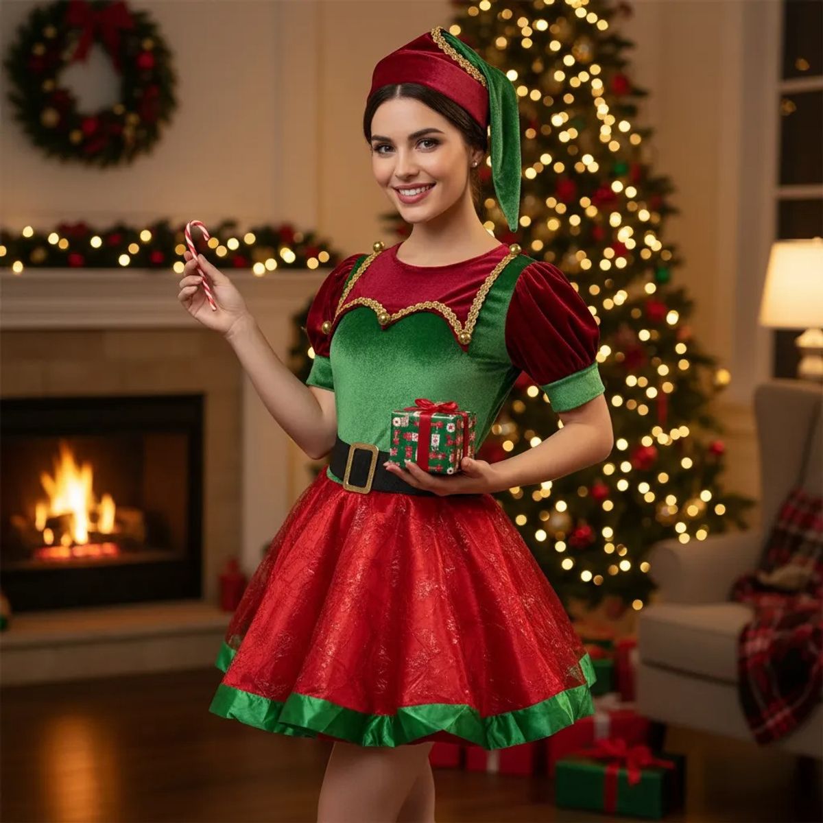 GENERICO - DISFRAZ DE DUENDE MUJER NAVIDEÑO ADULTO TALLA XL