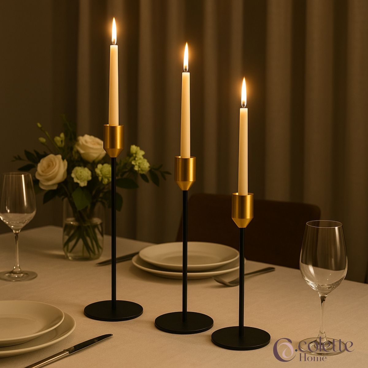 COLETTE - Set De Porta Velas Candelabro Metálico Premium Negro Bronce Elegance