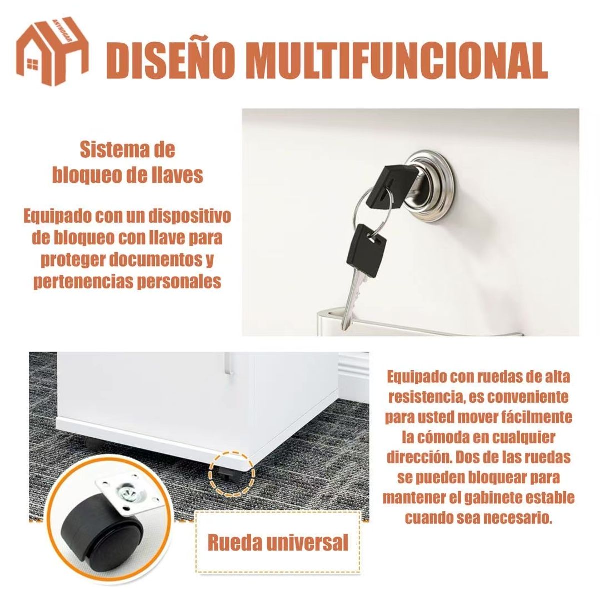 ANYHOGAR - Mueble De Oficina Cajonera Gabinete Con Llave Con Rueda
