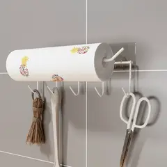 HOMESTAR - Barra Porta Rollo + 6 Ganchos Adhesiva 28 cm - Toallas y Utensilios