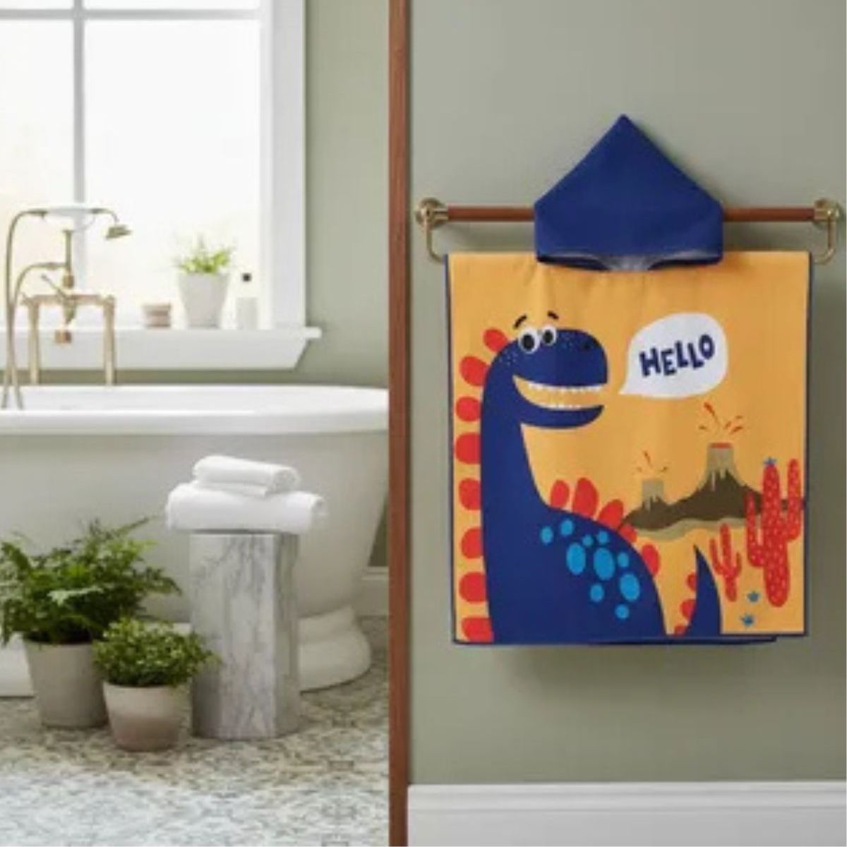 LOOK SHOP - Toalla Playa Piscina Niño Capucha Diseño Dinosaurio Hello Amarillo