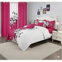 GENERICO - CUBRECAMA QUILT DE VERANO 2 PLAZA MAS CORTINAS DE 3 LIENZO CON DISEÑO FUCSIA FLORES SET DE 6 PIEZAS
