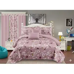 GENERICO - CUBRECAMA QUILT DE VERANO 2 PLAZA MAS CORTINAS DE 3 LIENZO CON DISEÑO ROSADO SET DE 6 PIEZAS