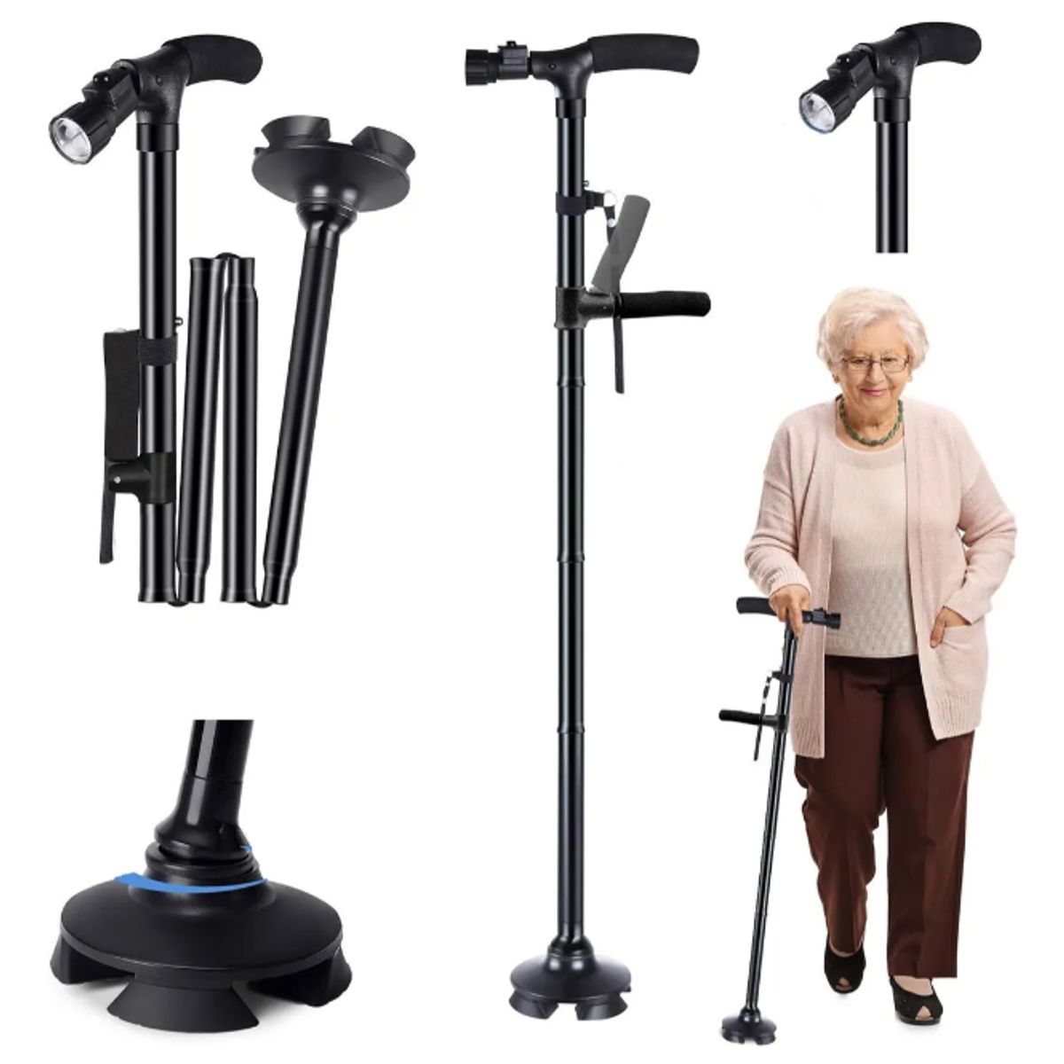 GENERICO - Baston Plegable Regulable Luz Ortopedico Alarma Goma 4 Patas Negro Retractil Ajustable