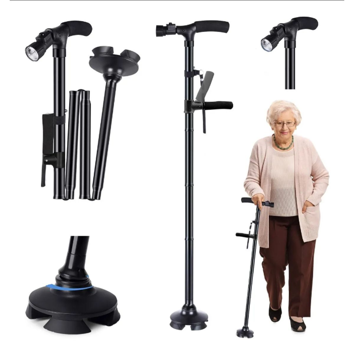 GENERICO - Baston Plegable Regulable Luz Ortopedico Alarma Goma 4 Patas Negro Retractil Ajustable