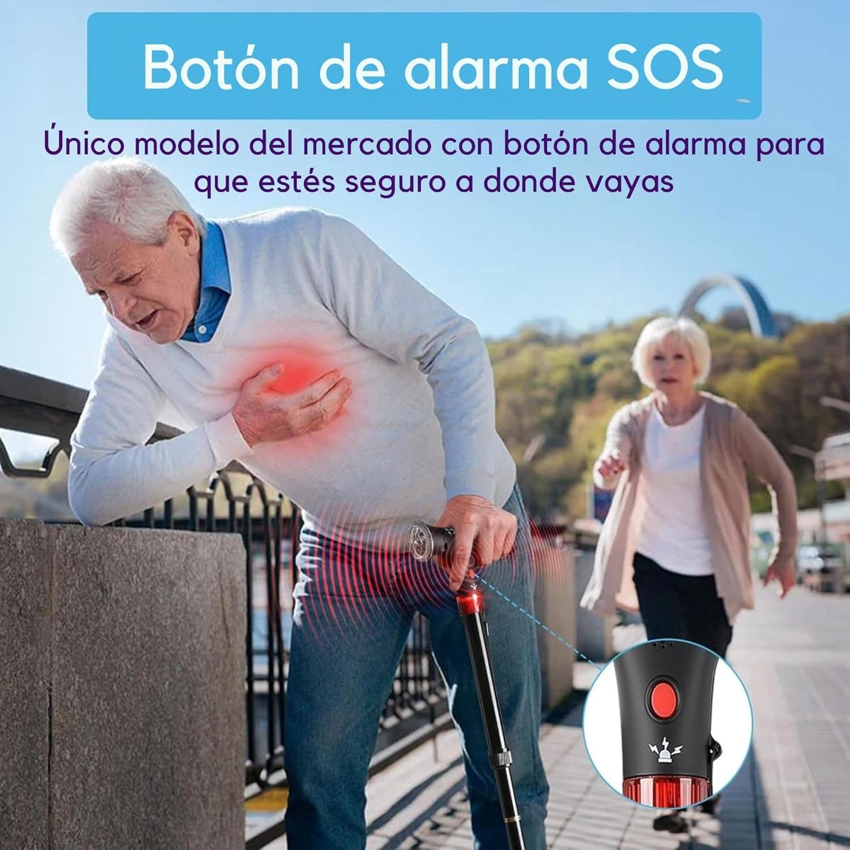 GENERICO - Baston Plegable Regulable Luz Ortopedico Alarma Goma 4 Patas Negro Retractil Ajustable