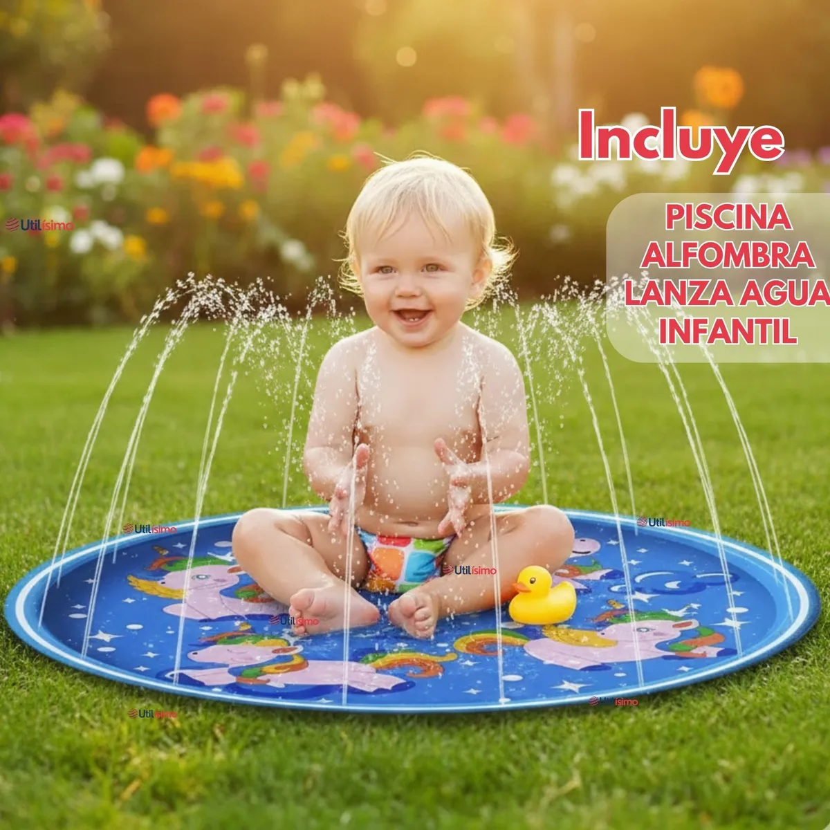 LINE - Alfombra Piscina Agua Rociador Para Niño Color Azul 100 cm
