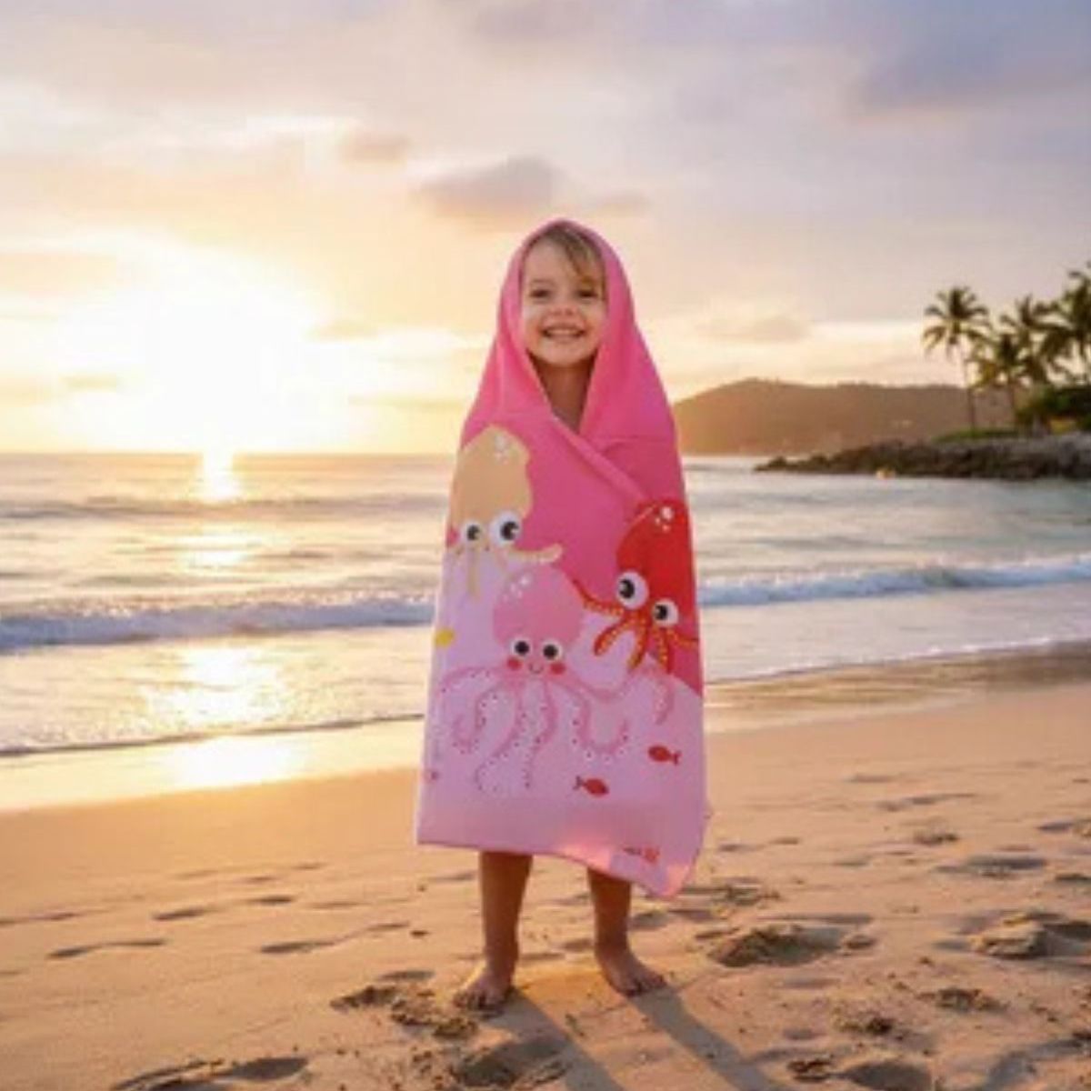 LOOK SHOP - Toalla Playa Piscina Niña Capucha Diseño Pulpo Rosa