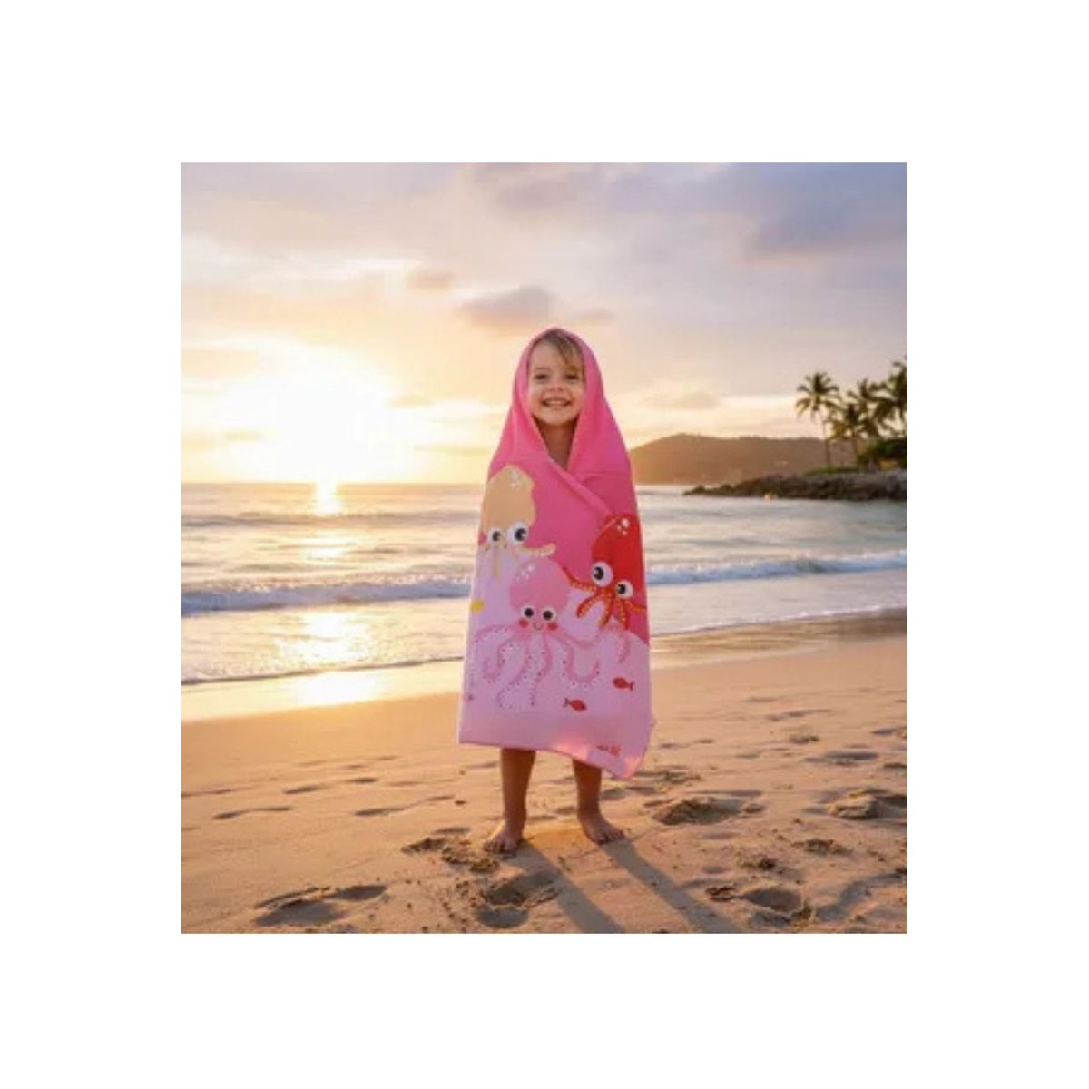 LOOK SHOP - Toalla Playa Piscina Niña Capucha Diseño Pulpo Rosa
