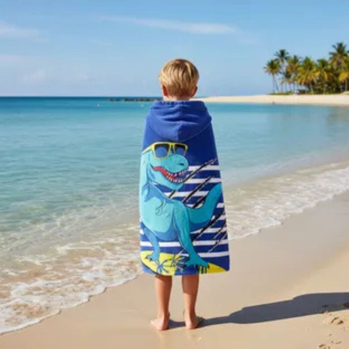 LOOK SHOP - Toalla Playa Piscina Niño Capucha Diseño Dino Lineas Azul